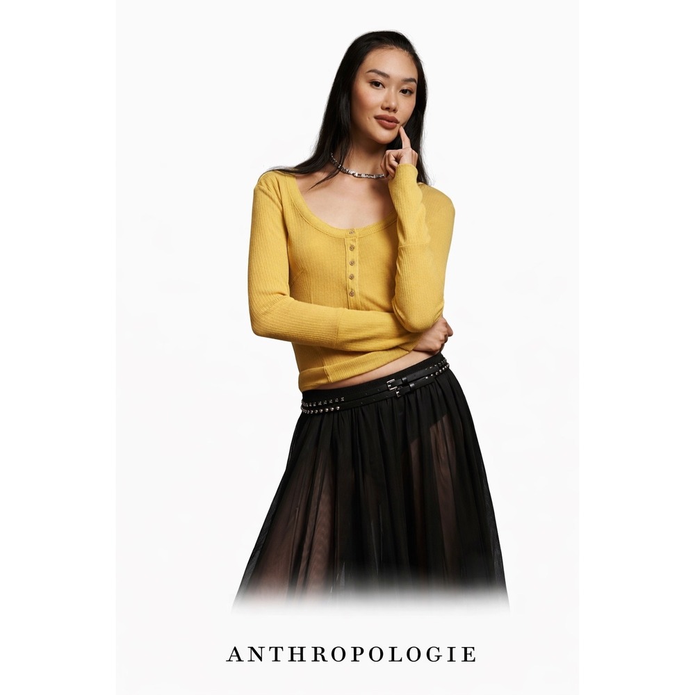 Anthropologie Mustard Yellow Henley Long Sleeve Ribbed Top‎